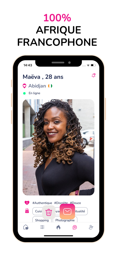 NousDeux - App de rencontre - Interface of the NousDeux dating app showing a user profile from Abidjan for the French speaking West African community.