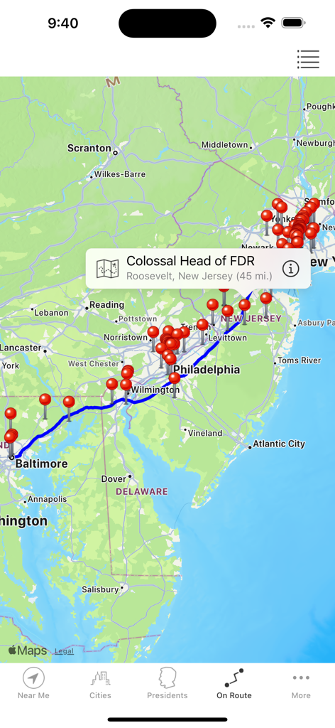 Roadside Presidents - Map view in the Roadside Presidents app showing presidential landmarks along a travel route.