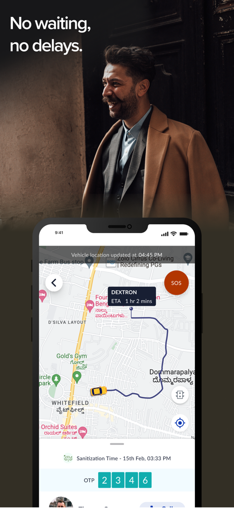 A professional man smiling next to a smartphone displaying the MoveInSync app interface for live vehicle tracking and ETA