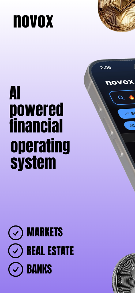 novo-x - Novox AI powered financial operating system showing tracking for markets real estate and banks