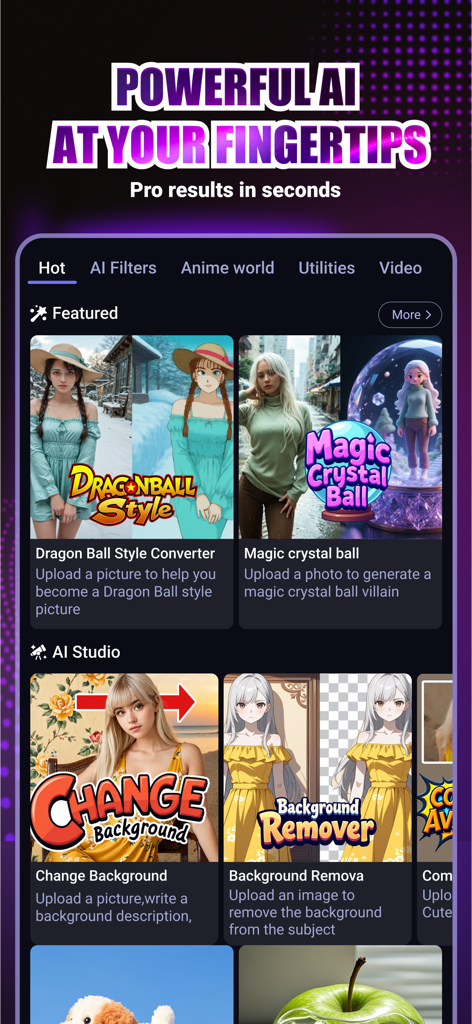 Magic AIアプリの画面。AIフィルター、アニメ変換、背景除去ツールが表示されています。
