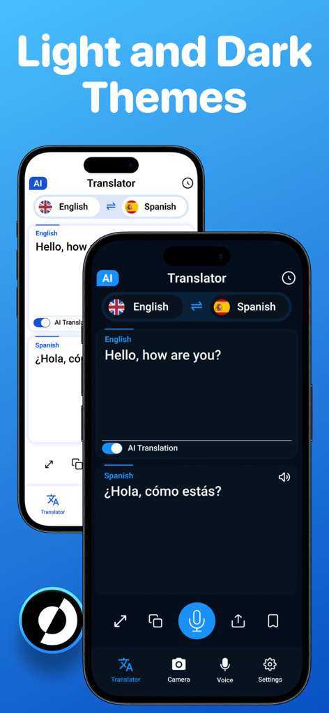 AI Translator・Translate Camera - AI Translator app interface showing English to Spanish translation in light and dark mode themes.