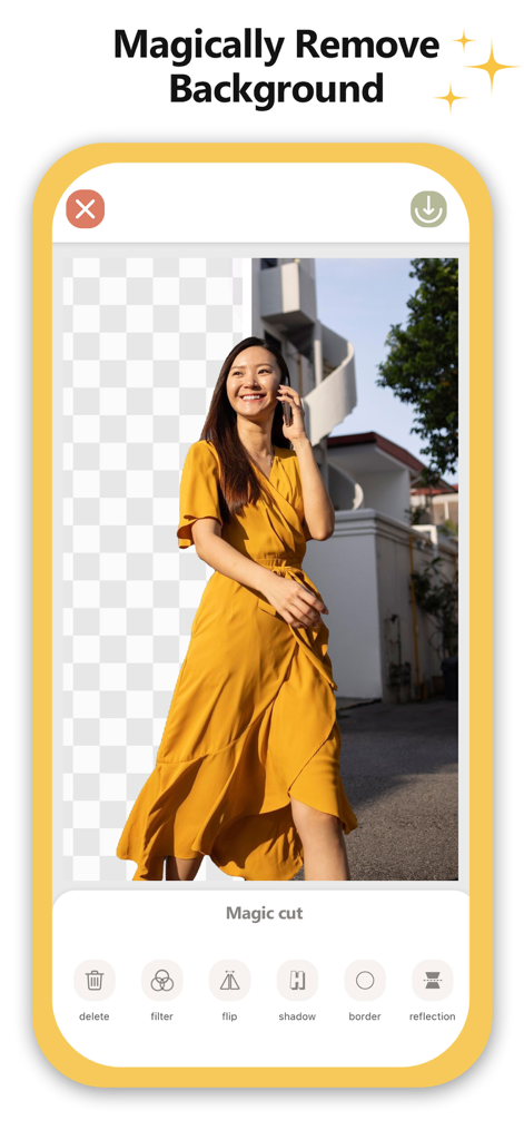 Easy Photo Background Changer - ポートレート写真の魔法の切り抜き背景除去機能を実演するモバイルアプリインターフェース