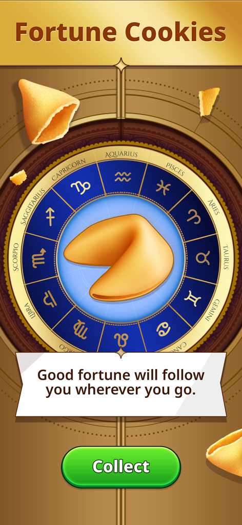 Una galleta de la fortuna mostrada sobre una rueda zodiacal en la aplicación Guru Mahjong con un mensaje diario positivo