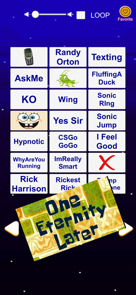 Interfaz de la aplicación Caja de Sonidos de Memes con varios botones de efectos de sonido