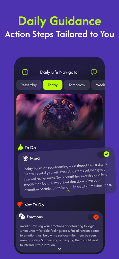 FaceYourself: AI Face Analysis - マインドと感情のためのAI顔分析の洞察を示す毎日のライフナビゲータースクリーン