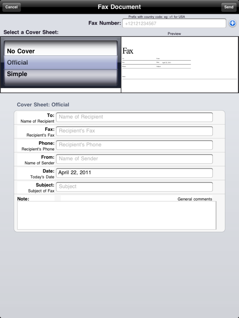 Faxing for iPad - Faxing for iPad app showing the fax document composition screen with cover sheet selection and recipient information fields.