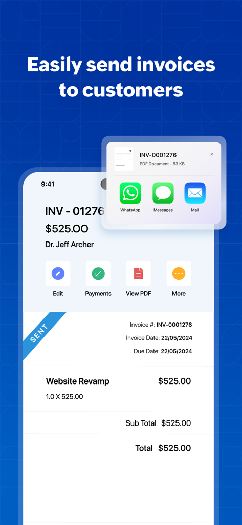 Zoho Invoice Maker App - A professional invoice on the Zoho Invoice app with options to share via WhatsApp and email
