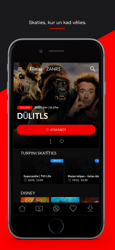 라트비아어로 된 영화 옵션과 카테고리를 보여주는 스마트폰의 Go3 Latvija 모바일 앱 인터페이스