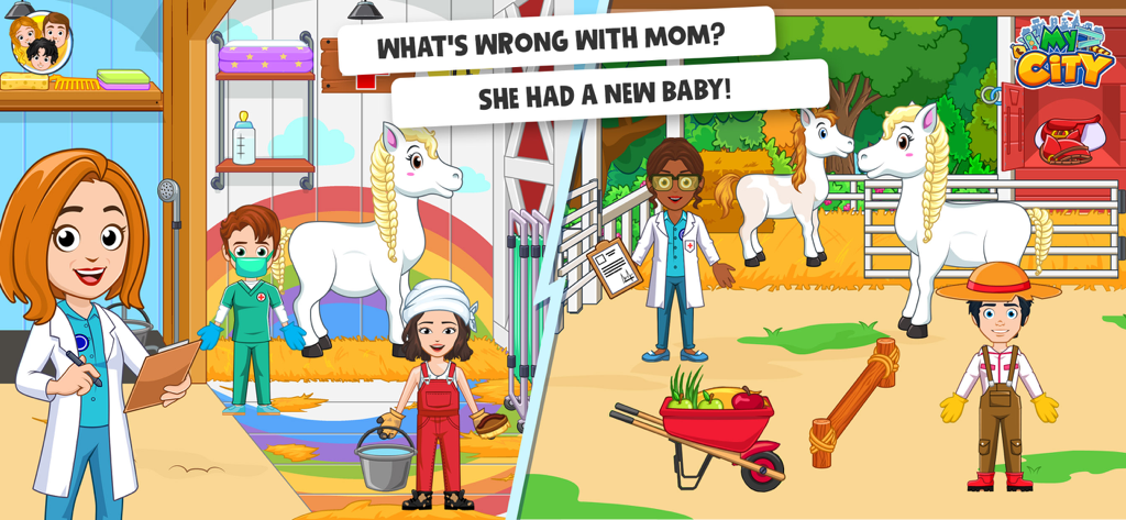 My City: Star Stable Club - Characters caring for a mother horse and her new baby pony in a stable and vet clinic