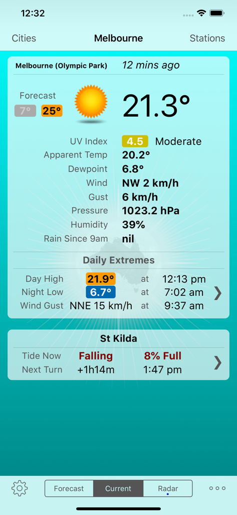 Current weather report for Melbourne showing temperature and tide information in Oz Weather Plus