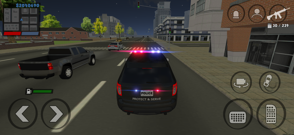 Gameplay screenshot of a police car driving through a city street at night in the mobile game Justice Rivals 3