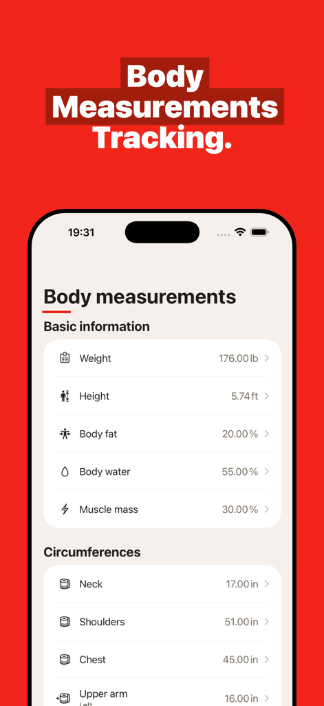 GymBook ・ Strength Training - GymBook app screenshot showing body measurements tracking for weight body fat and muscle mass