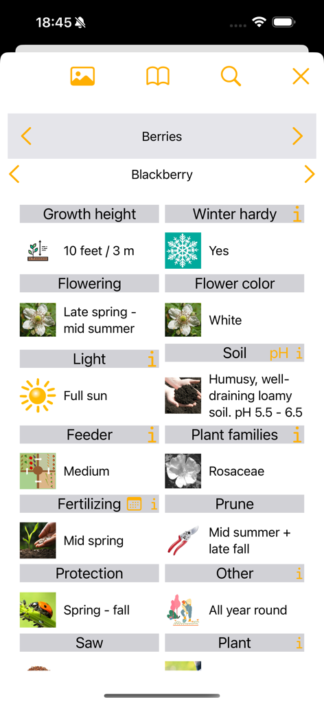 My garden journal - Plant encyclopedia entry for Blackberries in the My Garden Journal app showing growth height soil requirements and care schedule