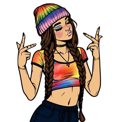 realistic teenage girl with braids and a beanie and crop top doing 🫶🏼