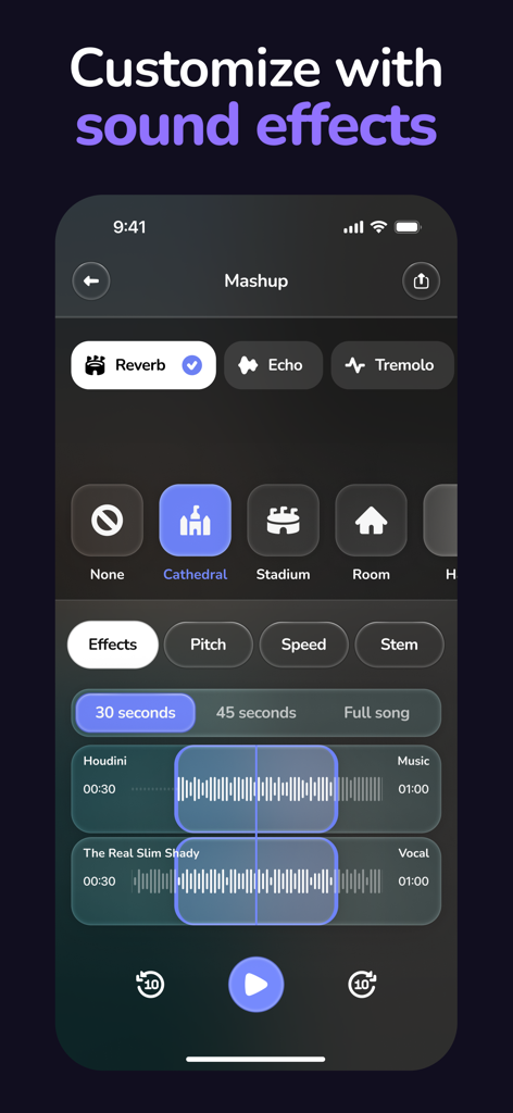 AI DJ - Mashup Maker Vocal - Customizing a music mashup with reverb and echo effects in the AI DJ app