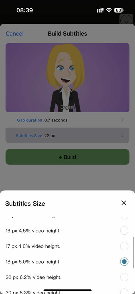 Build SRT - Interfaz de la aplicación Build SRT que muestra la selección del tamaño de los subtítulos y la vista previa del vídeo para la subtitulación