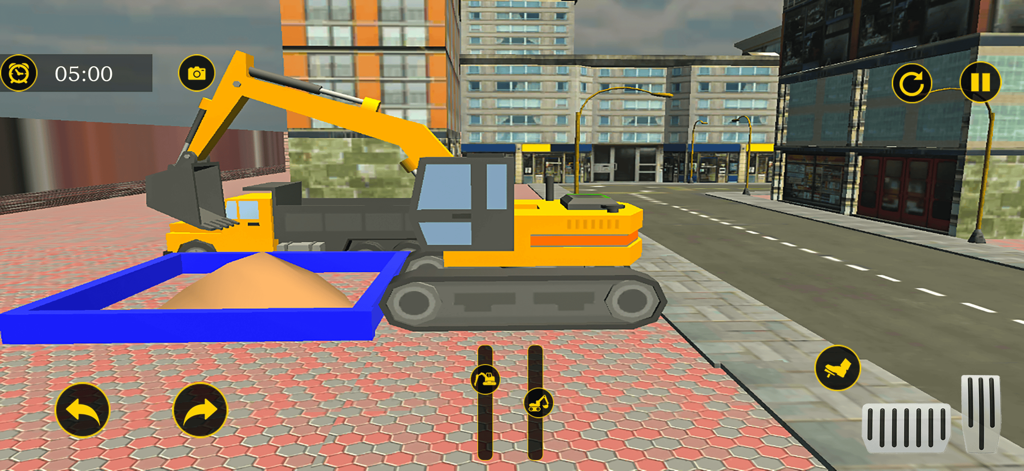 Futuristic Excavator Simulator - Una excavadora amarilla operando cerca de un camión volquete en una calle de la ciudad
