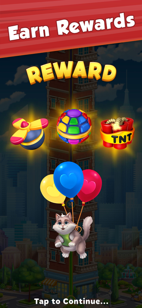 City Kitty Match - Earn rewards screen in City Kitty Match featuring Winston the cat flying with balloons and game power-ups