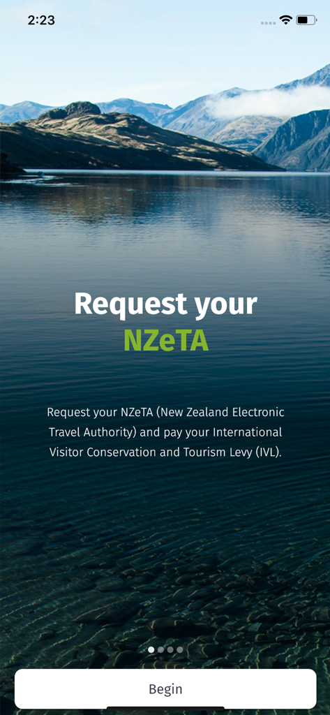NZeTA app welcome screen with a scenic New Zealand mountain lake background and a Begin button