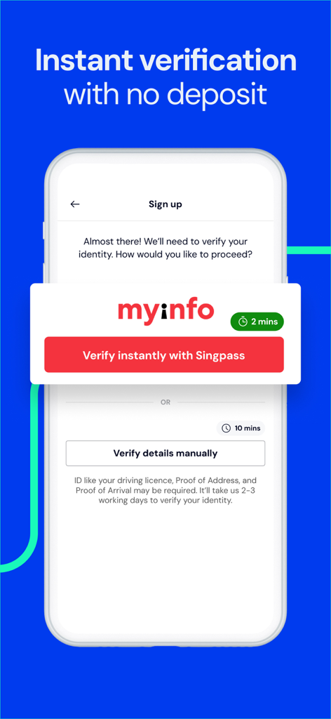 Pantalla de registro de la aplicación GetGo Carsharing que muestra opciones de verificación de identidad instantánea sin depósito