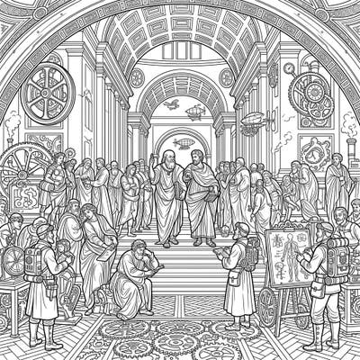 Unleash your creativity with this magnificent coloring page, where the elegance of Renaissance art collides with the intricate marvels of Steampunk. Explore a world where classical philosophers mingle with steam-powered wonders, offering a truly unique artistic challenge.