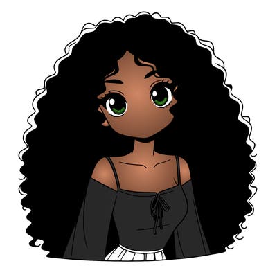 a black anime girl with long afro hair