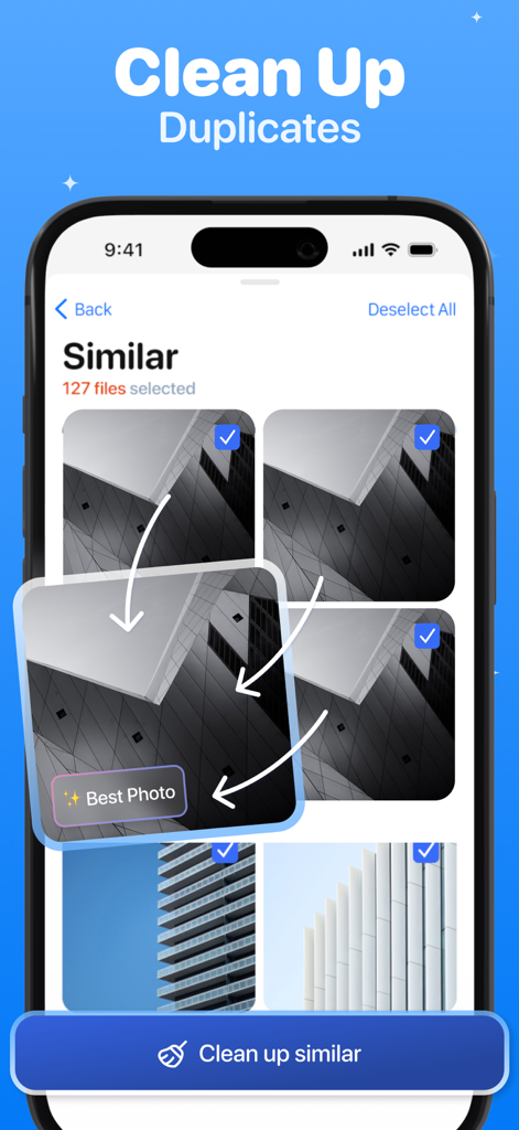 Ai Storage Cleaner・Clean Up - Pantalla de la aplicación Ai Storage Cleaner mostrando la selección de fotos similares y duplicadas para su eliminación