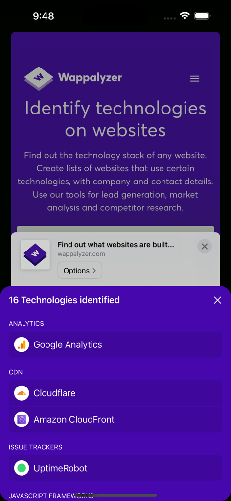 Wappalyzer - Interfaz de la aplicación móvil Wappalyzer que identifica tecnologías de sitios web como Google Analytics y Cloudflare