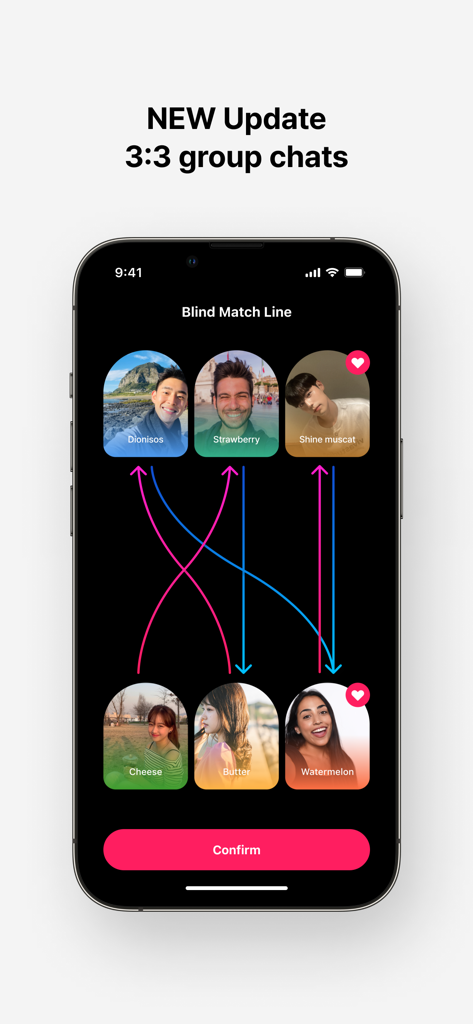 MEEFF app screenshot showing the new 3:3 group chat Blind Match Line feature