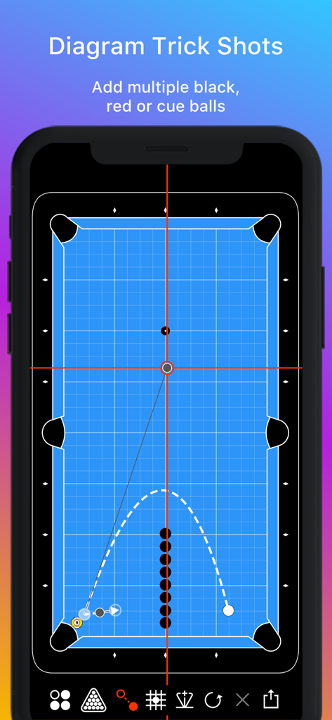 Cue Lab app interface showing a technical pool trick shot diagram with a curved ball path on a blue table grid.