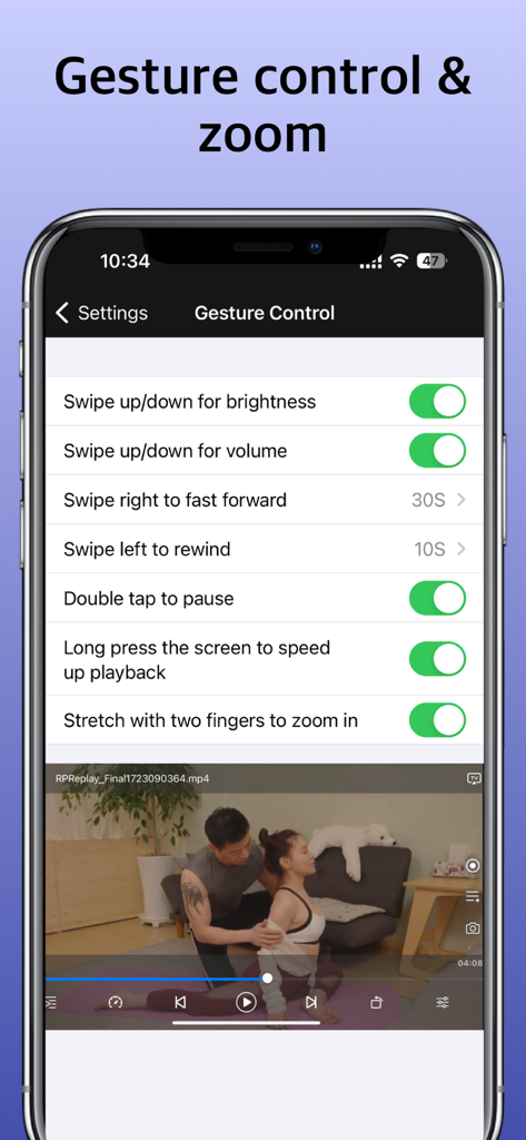 Fast Player app gesture control settings and video playback