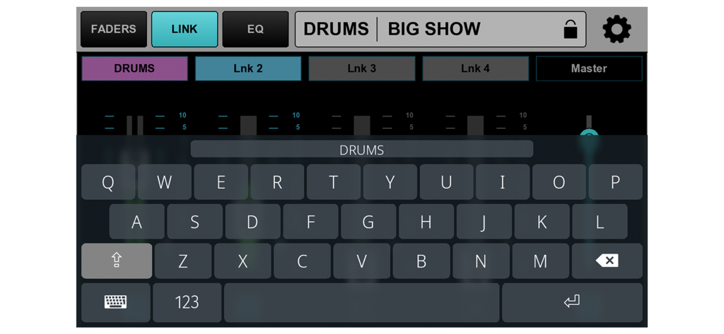 A musician uses a keyboard within the MyMon app to name a custom monitor mix link group