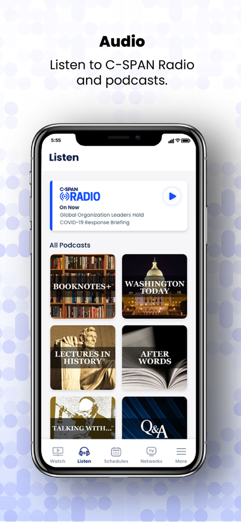 C-SPAN Now app interface showing the listen section with radio and podcast options including Booknotes and Lectures in History