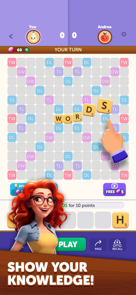 Gameplay screenshot of Word Wise showing a crossword board with letter tiles and a competitive PvP interface.