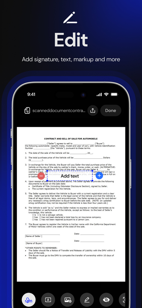 Atlas AI: PDF Document Scanner - Interfaz de la aplicación Atlas AI que muestra las herramientas de edición de PDF y anotación de texto para un contrato escaneado.