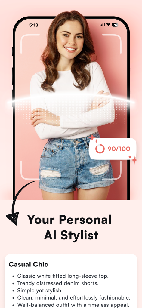 StyleIt AI personal stylist app screen displaying a woman in a casual chic outfit with an outfit score of 90