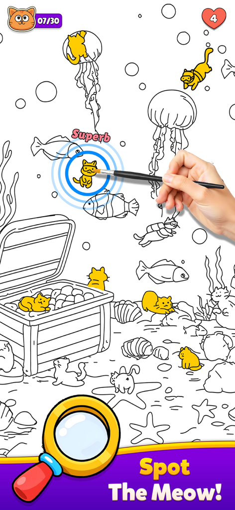 Spot The Cat- Hidden Objects - Ein Bildschirm eines Wimmelbildspiels, auf dem Spieler gelbe Katzen finden, die in einer schwarz-weißen Unterwasserszene mit Fischen und Quallen versteckt sind.