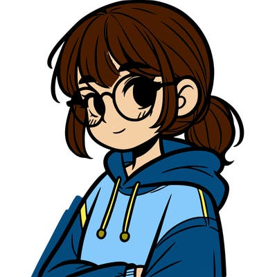 girl with short hair in a low ponytail and a hoodie and glasses