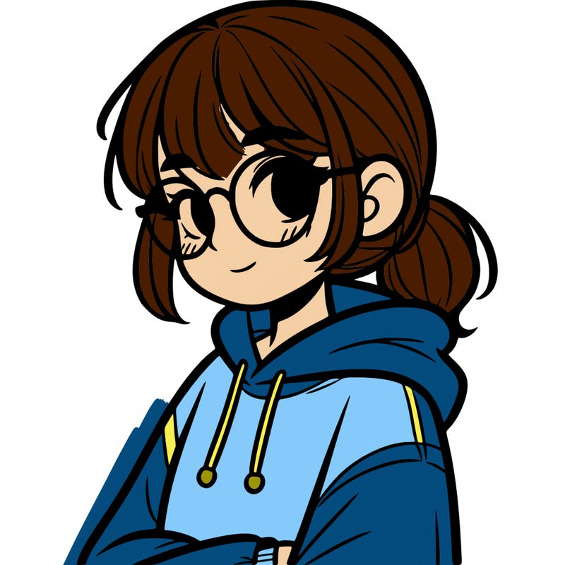 girl with short hair in a low ponytail and a hoodie and glasses