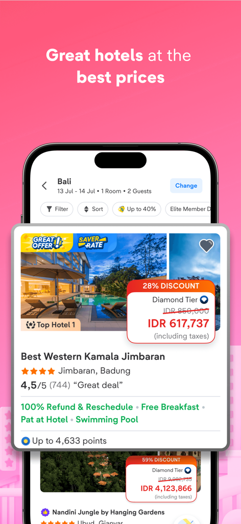 Una pantalla móvil que muestra la aplicación tiket.com con una oferta de hotel con descuento para Best Western Kamala Jimbaran en Bali.