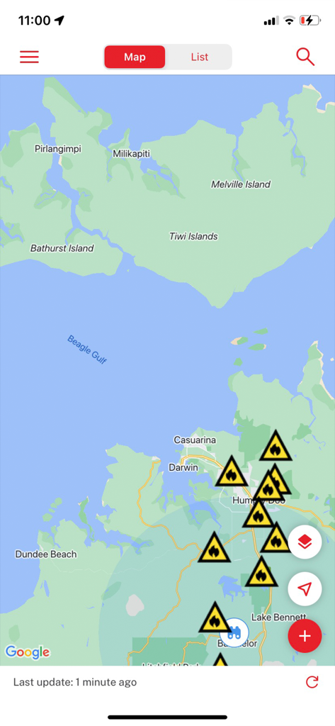 Fires Near Me Australia - A map interface in the Fires Near Me Australia app showing multiple fire incident icons across the Northern Territory coast.