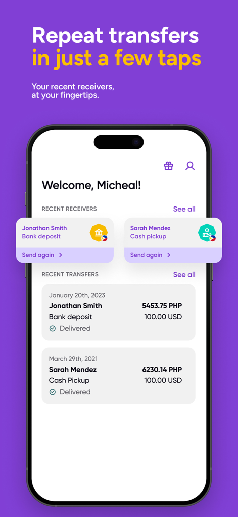 WorldRemit app screen showing recent receivers and the option to repeat international money transfers with one tap