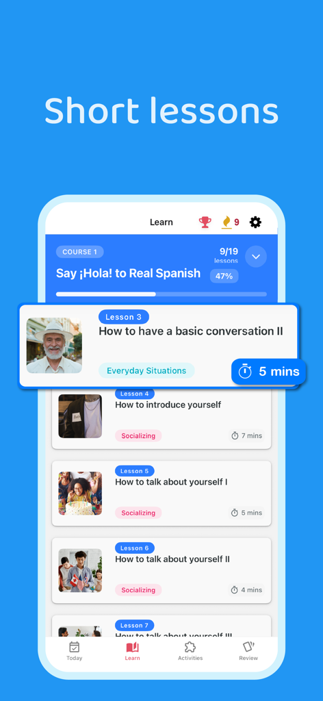 Interface of the Palteca app displaying a curriculum of short Spanish lessons for daily practice