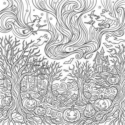 Step into a mystical Halloween night where a pulsating aurora lights up a spooky landscape. This intricate coloring page invites you to bring witches, ghosts, and glowing jack-o'-lanterns to life with your favorite colors.