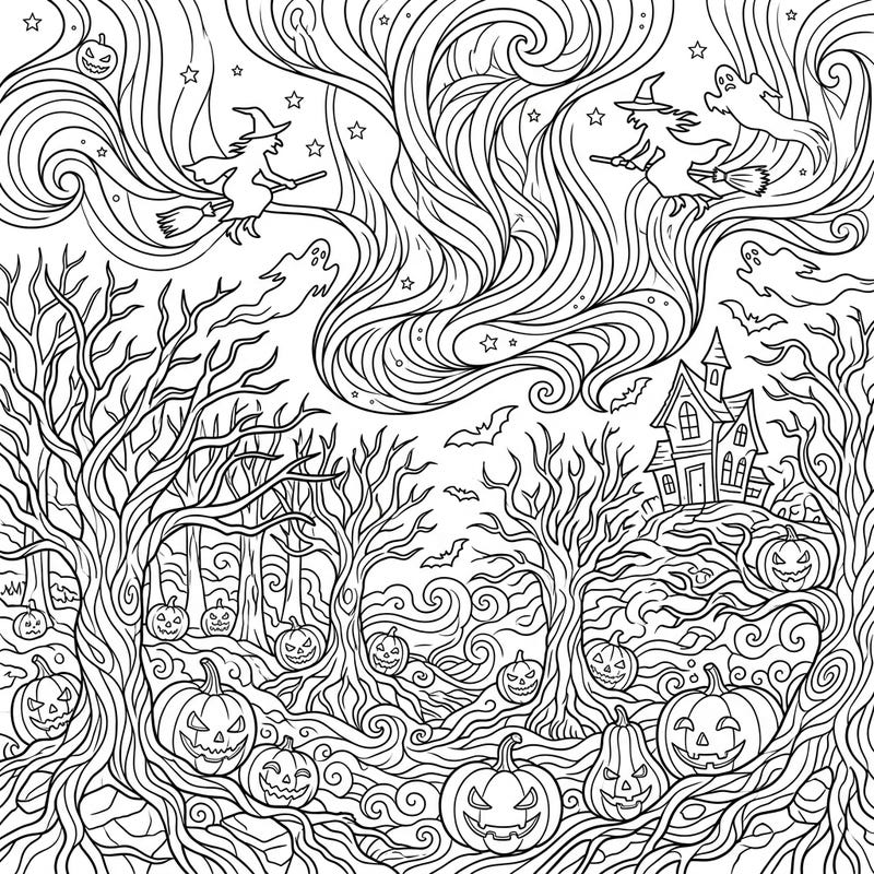 Step into a mystical Halloween night where a pulsating aurora lights up a spooky landscape. This intricate coloring page invites you to bring witches, ghosts, and glowing jack-o'-lanterns to life with your favorite colors.
