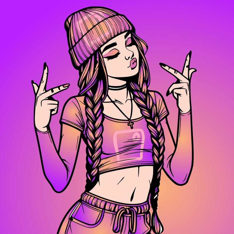realistic teenage girl with braids and a beanie and crop top doing 🫶🏼