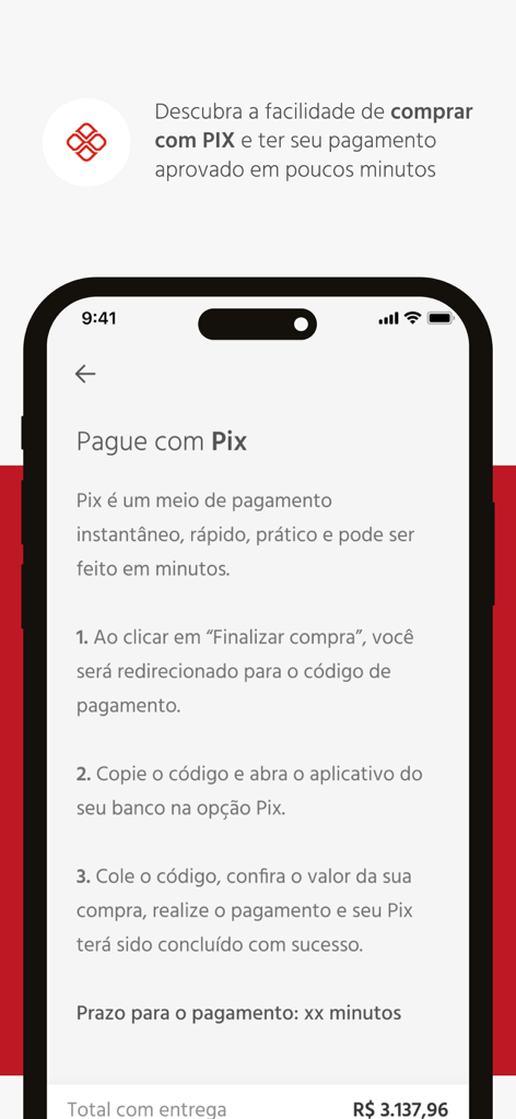 Camicado app screen displaying step-by-step instructions for completing a purchase using Pix payment