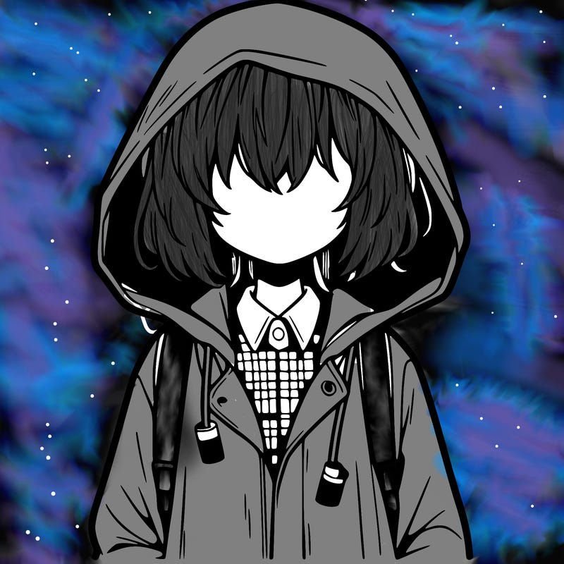 little anime girl in a raincoat her hair is covering her eyes she has a lighter