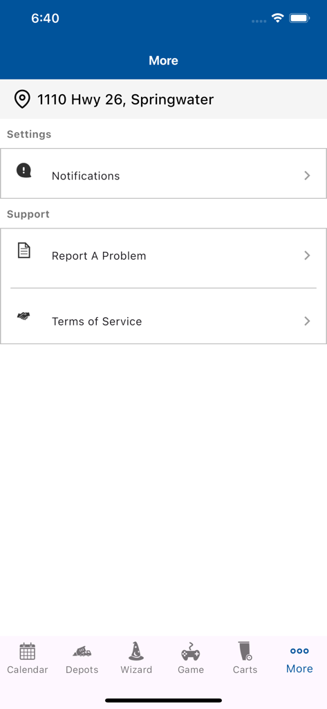Settings screen of the Simcoe County Collects app showing notification and support options